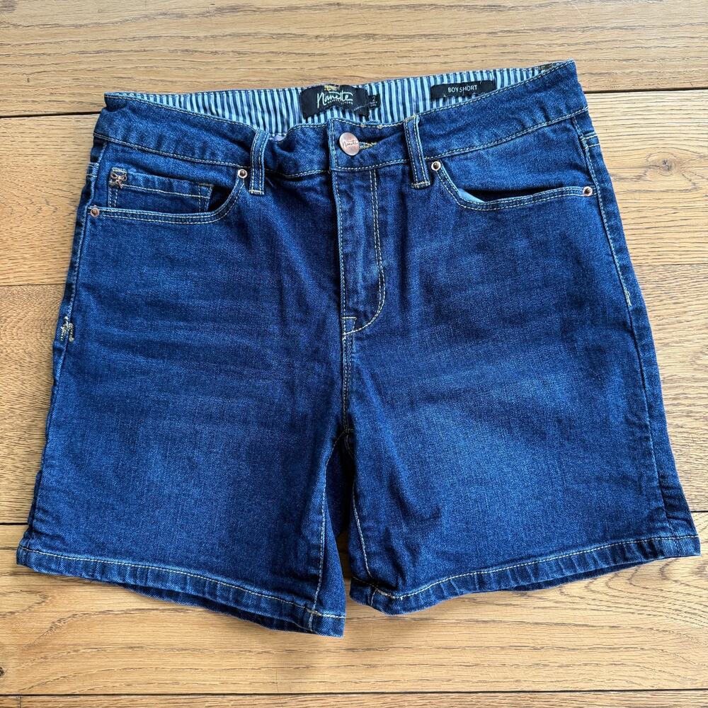 Nanette Lepore Mid Rise Denim Boy Short SZ 2 5 inch inseam Dark Stretch Classic